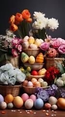 Variety of Easter eggs and baskets. Colorful Easter baskets filled with eggs and treats, decorated with flowers.