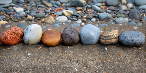 Several rocks in a row arranged orderly on the ground outdoors. Concept Nature, Rocks, Arrangement, Outdoors, Orderly