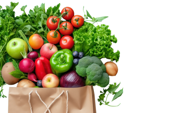 Shopping bags with groceries and fresh vegetables isolated on transparent background.