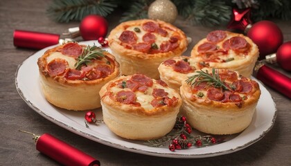 Christmas savory pastries, mini pizza cakes in a typical Christmas dish and festive decorations