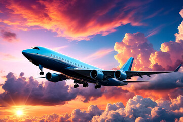 Fototapeta na wymiar Commercial airplane landing at sunset. Jet aircraft descends against a vibrant sunset sky with scenic clouds