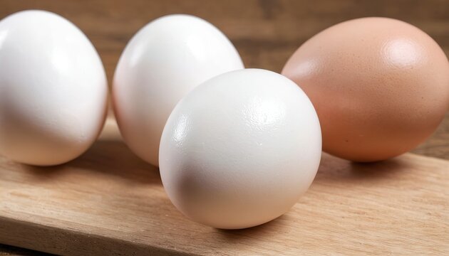 Close-up boiled or raw chicken eggs on wooden board