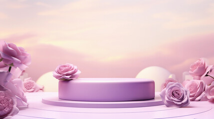 Romantic podium stand for products with a purple dreamy sky background and roses. Floral summer background podium cosmetic stage