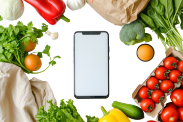 Woman's hand holding a white screen mockup phone over weight loss food, fresh healthy food, daily take away food box with menu, online diet plan Isolated on transparent background.