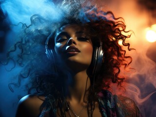The girl is a DJ. The girl listens to music with pleasure. Female DJ enjoying music. Professional...