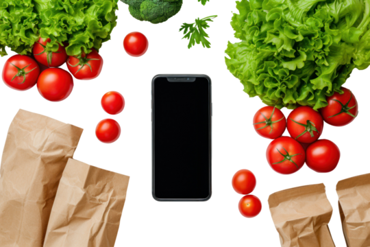 Woman's hand holding a white screen mockup phone over weight loss food, fresh healthy food, daily take away food box with menu, online diet plan Isolated on transparent background.