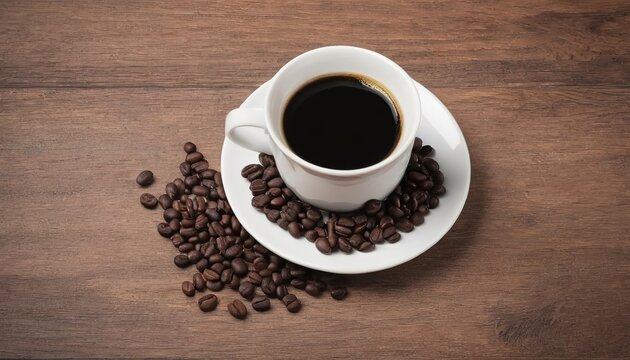 Cup of black coffee with beans on wooden table