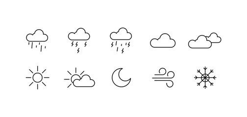 Set of weather icons. Outline collection of bad and good weather, rain, clouds, sun, snow, cold, heat weather icons.