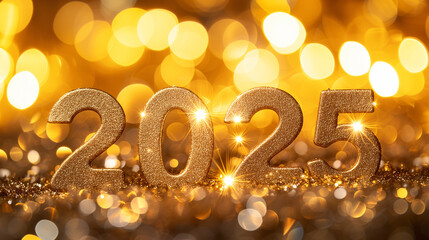 Happy New Year 2025, festive golden glitter sparkling typography numbers design with bokeh. New Year gold wallpaper design