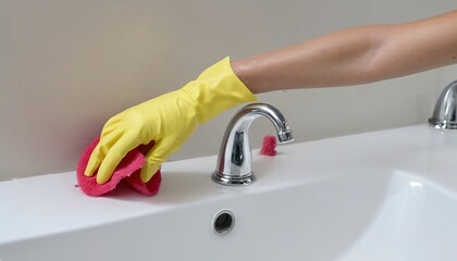 Maid with rubber glove cleaning tap and sink. Housekeeping scrubbing and polishing silver tap in bathroom