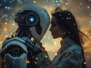 Love in a time of AI a human and android share a moment under the stars illustrating a future where emotions transcend form