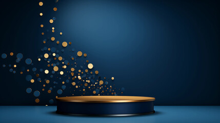 Luxury gold product display stage with royal blue background and gold sparkles