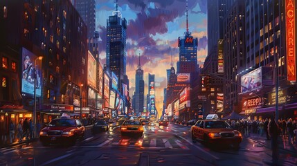 Cityscapes: The bustling streets, towering skyscrapers, iconic bridges, lively squares, and enchanting night views depict the vibrant essence of urban life - obrazy, fototapety, plakaty