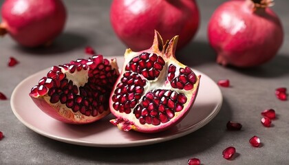 Pomegranate. Pieces of frest pomegranate on plate