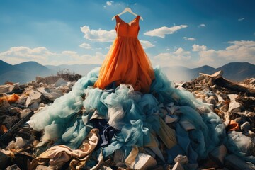 Heap Of Clothes Tossed Into Landfill. Concept Fast Fashion Landfill Waste, Sustainable Fashion Alternatives, Economic Impact Of Fast Fashion, Consumer Habits Disposable Clothing - obrazy, fototapety, plakaty