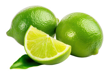 Green limes cut in half and separated into pieces on transparent background.