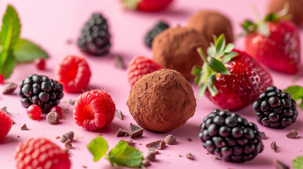Chocolate truffles with fresh berries and mint on pink background