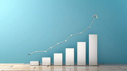 Growing bar chart with arrow on blue wall background.