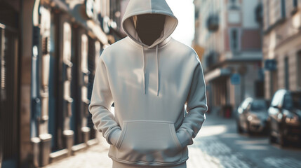 A white hoody sweatshirt is standing on the street.