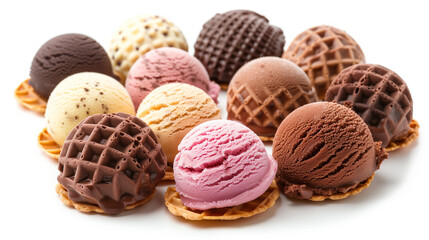 Ice cream scoops in waffle cones isolated on white background.