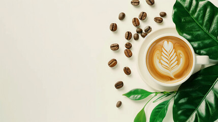 Coffee cup with latte and coffee beans on white background