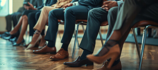Close up of business peoples legs waiting for a job interview. Hiring and recruitment concept