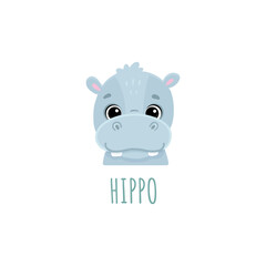 cute cartoon hippo. Animal in flat style. Hippopotamus head for cards,magazins,banners.Forest animal. Vector illustration
