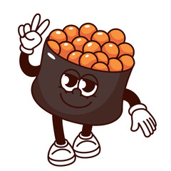 Groovy gunkanmaki ikura sushi cartoon character with peace gesture. Funny retro sushi with salmon roe and victory sign, Japanese food mascot, cartoon sticker of 70s 80s style vector illustration