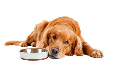 Golden retriever dog with bowl isolated on transparent background.