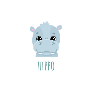 cute cartoon hippo. Animal in flat style. Hippopotamus head for cards,magazins,banners.Forest animal. Vector illustration
