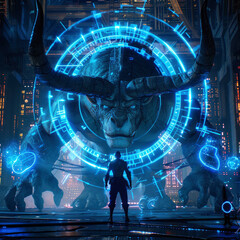 Minotaur guarding a high tech labyrinth challengers approach with glowing blue auras animated scene - obrazy, fototapety, plakaty