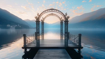 Gordijnen Lakeside Wooden Pier with Metal Arch Canopy, A serene wooden pier with an ornate metal arch canopy overlooks a tranquil lake surrounded by autumn foliage. © petrrgoskov