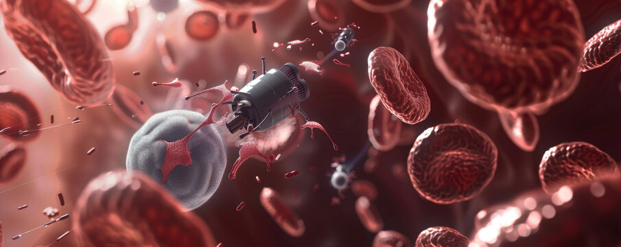 Nanotechnology in medicine showcasing nanobots performing cellular repair in a bloodstream model