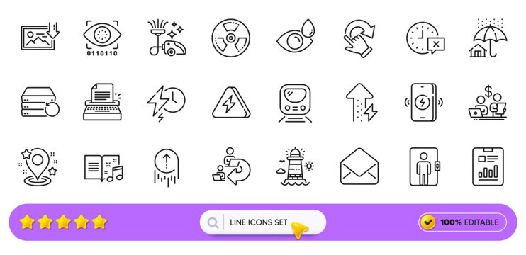 Vacuum cleaner, Music book and Energy growing line icons for web app. Pictogram icon. Line icons. Vector
