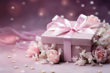 Fototapeta na wymiar Gift box and flowers on pink background. Present for Valentine's, Mother's and Women's day, birthday or wedding. Greeting card or banner with copy space