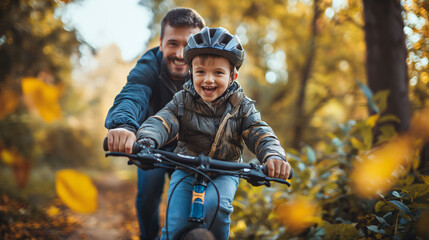 Father teaching little son child to ride a bike in the forest