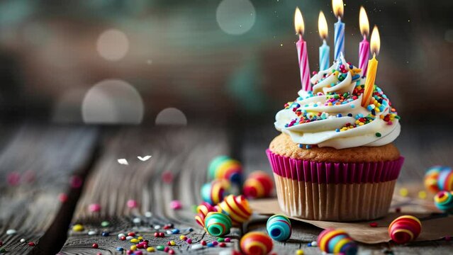 birthday concept with cupcake and candles on wooden. seamless looping overlay 4k virtual video animation background