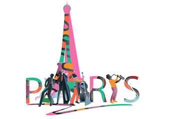 Design  with lettering Paris and the Eiffel tower, musicians playing jazz. Hand drawn vector illustration. - 745797518