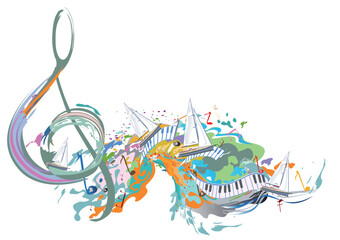 Abstract musical design with a colourful treble clef and musical waves, notes and splashes. Hand drawn vector illustration for t shirts, covers,  wallpaper, greeting cards, wall-art, invitations.