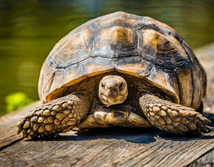an image of a tortoise basking in the sun, its wrinkled shell reflecting years of wis - obrazy, fototapety, plakaty