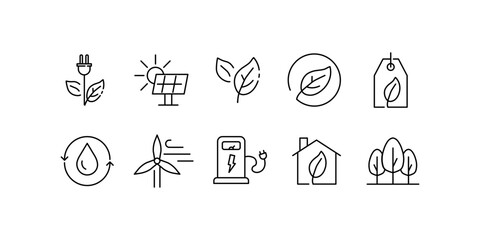 Green energy icons set. Outline, a collection of icons symbolizing green energy, buttons to save the climate. Vector icons