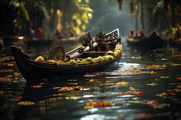 Happy Onam Festival concept with rowing a snake boat during the 'Onam' festival. Onam is a festival...