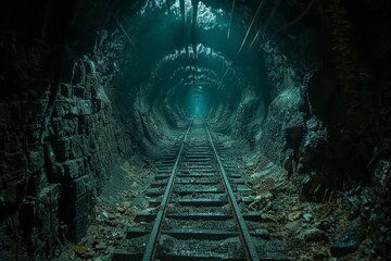 Cinematic portrayal of old mine shafts, focusing on the depth and mystery - obrazy, fototapety, plakaty