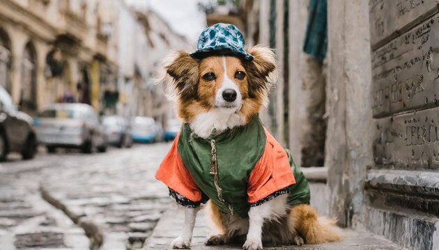 Generated image of dog wearing dog clothes in the street 