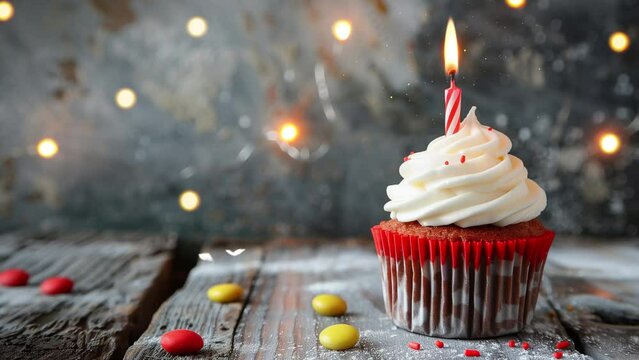 simple cupcake decoration. birthday concept with cupcake and candles on wooden table. seamless looping overlay 4k virtual video animation background