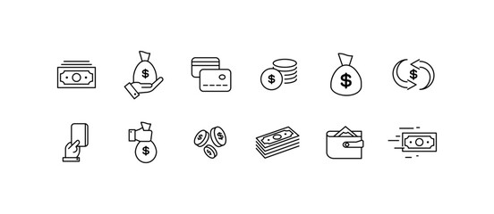 Set of money icons. Outline, collection of buttons for dollar money design, set of dollar money icons. Vector icons