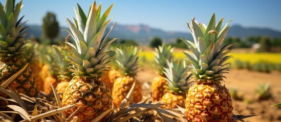 Ripe pineapple fruit ready to be harvested in the agricultural field