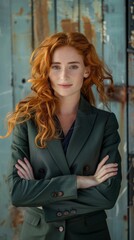 Portrait of successful redhead woman in business suit, arms crossed and smiling. Success. Goals. Achievement.