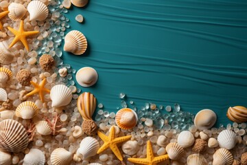 Stunning aerial view of sandy beach with seashells and crab on the shore by the sea