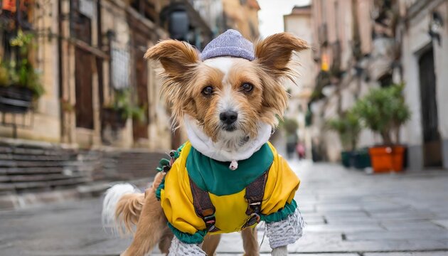 Generated image of a dog wearing dog clothes in the street 